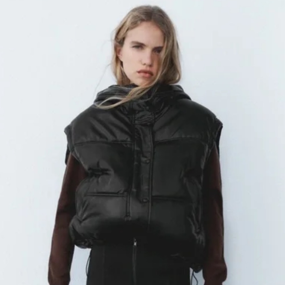 NWOT Zara Oversized Hooded Faux Leather Puffer Vest